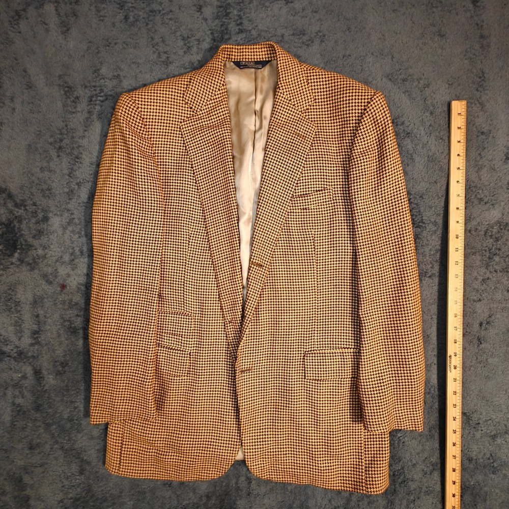 80s VTG Polo Ralph Lauren Cashmere Houndstooth Blazer Brown Tan Made in USA Mens